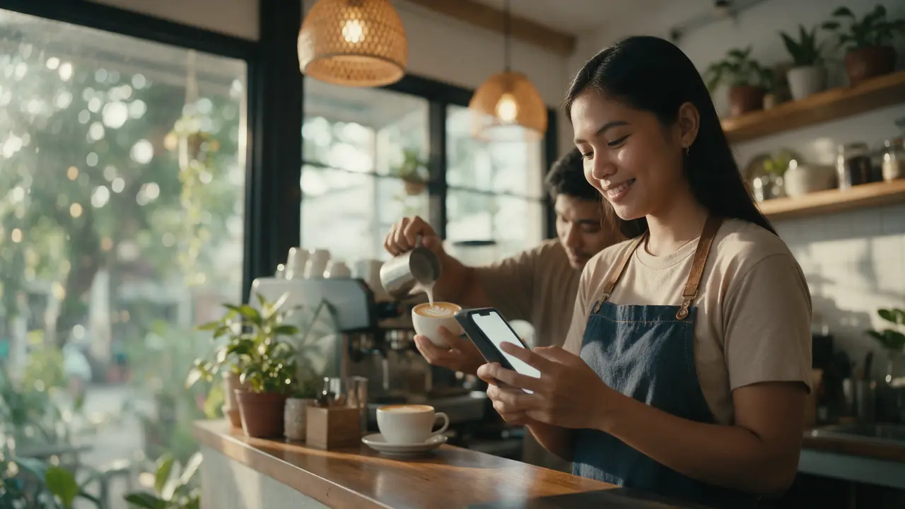 A Filipina café owner smiling at a new order on her phone behind the counter